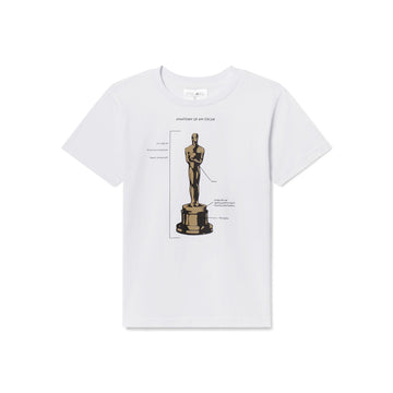 White t-shirt with graphic of an Oscar statue on a white background Youth sized white t shirt